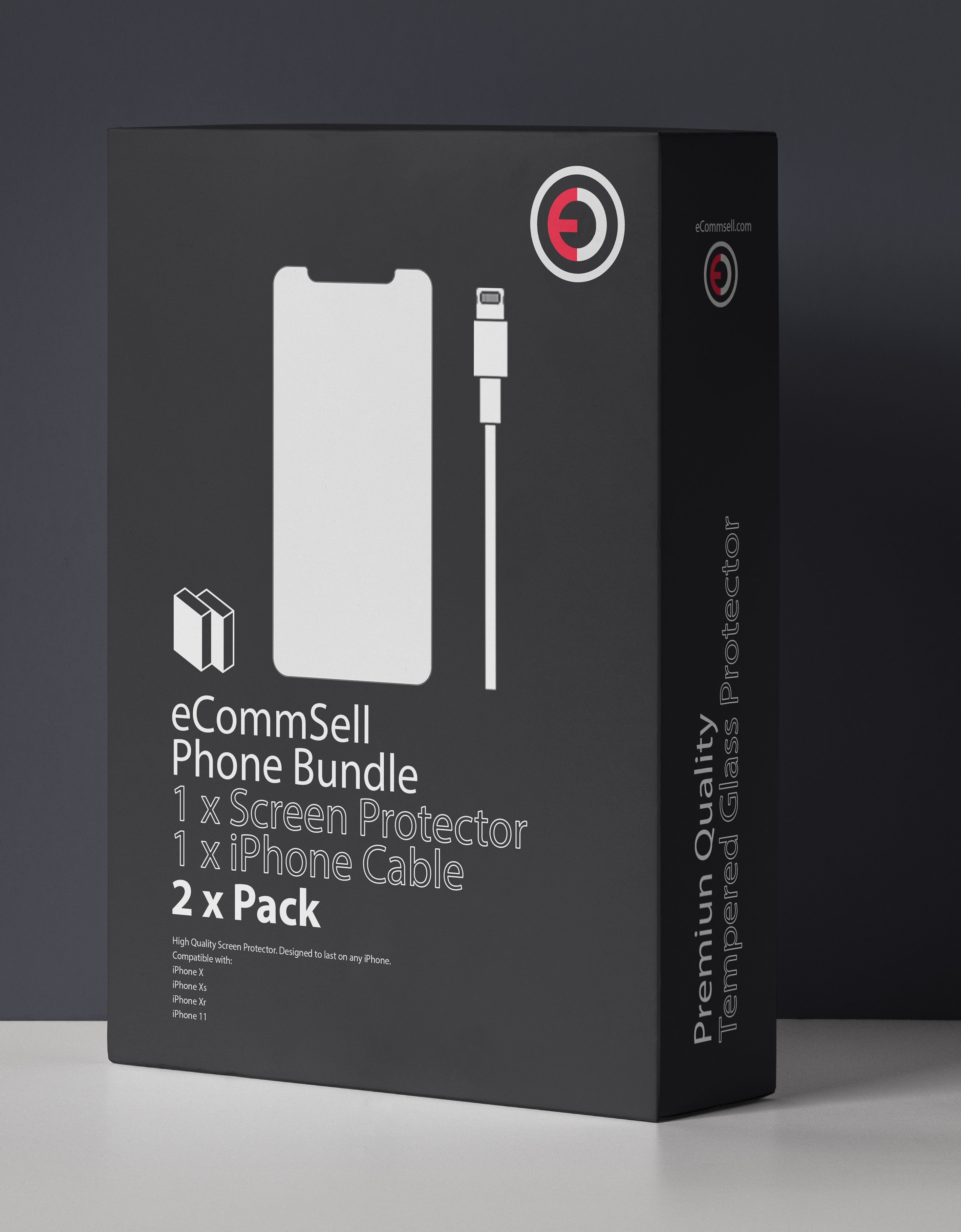 eCommsell Starter Pack - 1x PREINSTALLED Screen Protector + 2x Extra iPhone Cable
